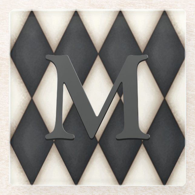 Dessous-de-verre En Verre Black & White Harlequin Check Elegant 3-D monogram (Devant)