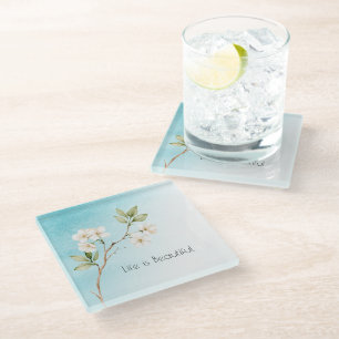 Dessous-de-verre En Verre Bleu Aqua Blanc Floral