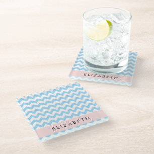 Dessous-de-verre En Verre Bleu Zigzag, Bleu Chevron, Vague Motif, Votre Nom