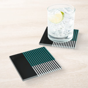 Dessous-de-verre En Verre Bloc de couleur moderne Turquoise rayé noir blanc