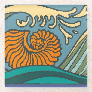 Dessous-de-verre En Verre Blue Ocean Waves Nautilus Seashell Motif Nouveau
