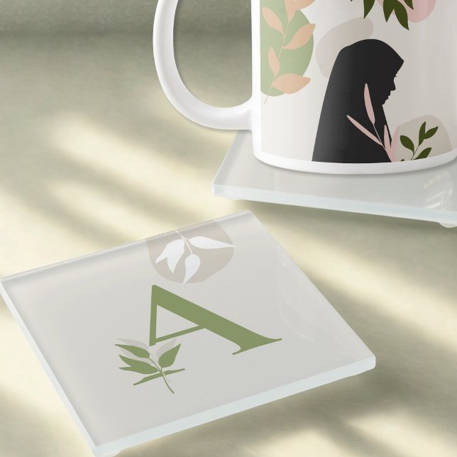 Dessous-de-verre En Verre Boho Monogram Glass Coaster | Sage Green & Cream (Créateur téléchargé)