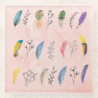 Dessous-de-verre En Verre Boho Watercolor Feathers with Floral Line Drawings