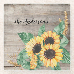 Dessous-de-verre En Verre Bois rustique et tournesols