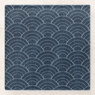 Dessous-de-verre En Verre Broderie Sashiko : Indigo Motif japonais.