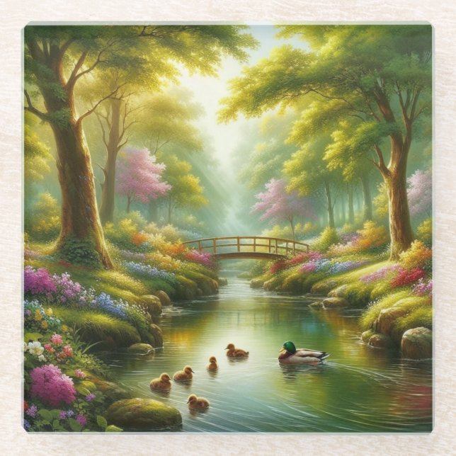 Dessous-de-verre En Verre Brook de printemps avec canards/fleurs (Devant)