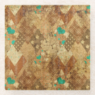 Dessous-de-verre En Verre Brown Grunge Quilt Stars Coeurs