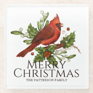 Dessous-de-verre En Verre Buisson de houx Cardinal rouge Noël Cadeau avec no