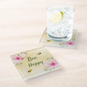Dessous-de-verre En Verre Bumble abeilles jaune nid d'abeille fleurons roses