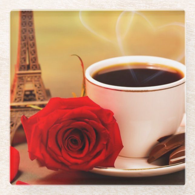 Dessous-de-verre En Verre Café à Paris avec Rose rouge (Devant)
