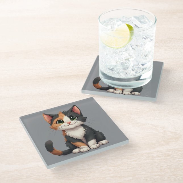 Dessous-de-verre En Verre Calico Kitten Whimsical avec attitude (Incliné)