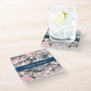 Dessous-de-verre En Verre Camouflage rose et gris Votre nom Personnalisez