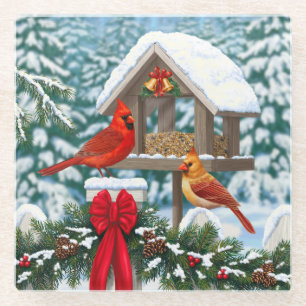 Dessous-de-verre En Verre Cardinaux et mangeoire de Noël