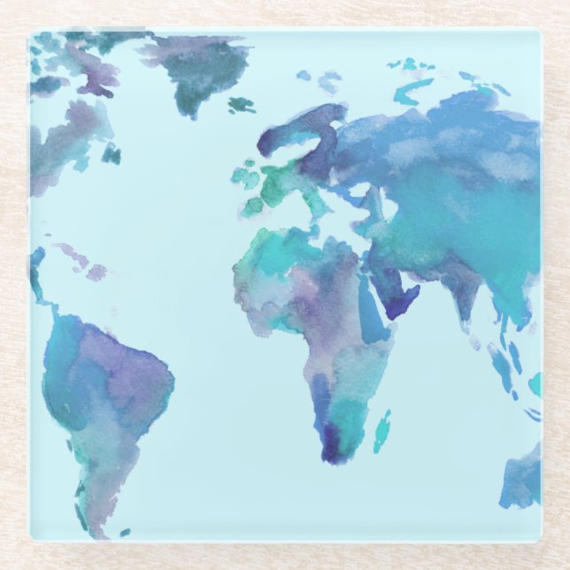 Dessous-de-verre En Verre Carte bleue du monde d'aquarelle (Devant)