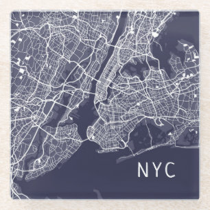 Dessous-de-verre En Verre Carte de la ville de New York  NYC  Bleu et blanc