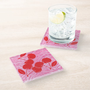Dessous-de-verre En Verre Cerises Zèbres Pailletées Rose Rouge