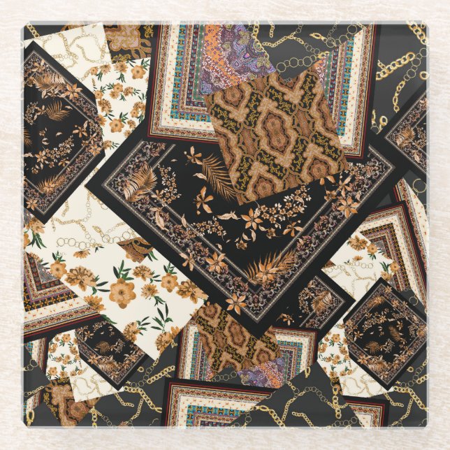 Dessous-de-verre En Verre Chaîne, cachemire, fleurs : patchwork vintage. (Devant)