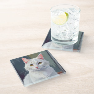 Dessous-de-verre En Verre Chat Blanc   Peinture de Chat de Compagnie à l'Aqu