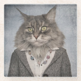 Dessous-de-verre En Verre Chat dans des vêtements