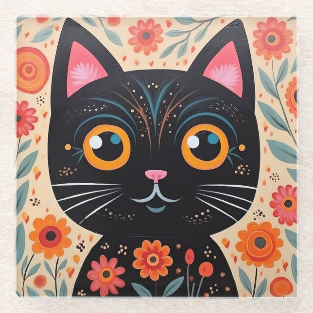 Dessous-de-verre En Verre Chat noir style art populaire (Devant)