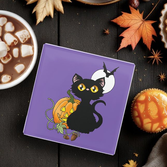 Dessous-de-verre En Verre Chat noir violet Citrouille d'Halloween (Créateur téléchargé)
