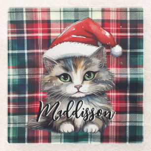 Dessous-de-verre En Verre Chat Père Noël Plaid De Noël Avec Nom