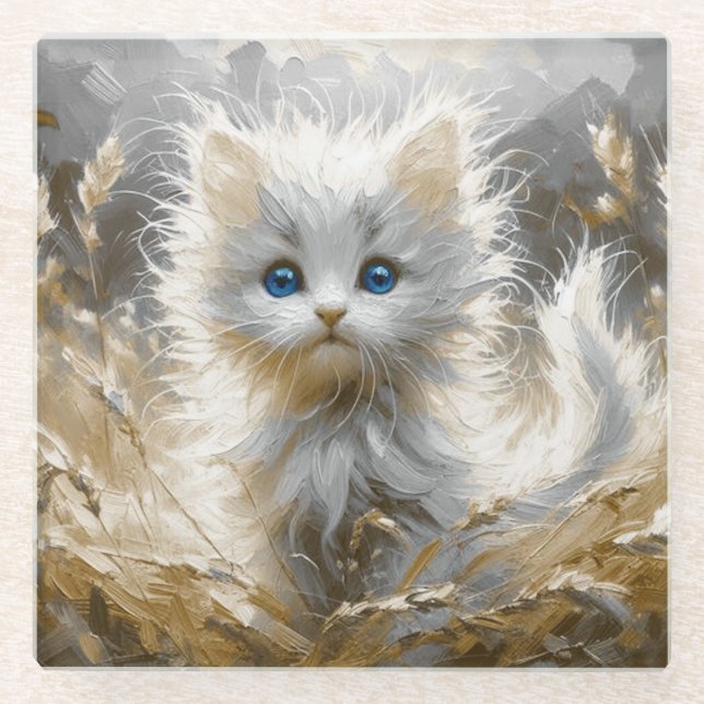 Dessous-de-verre En Verre Chaton blanc précieux (Devant)