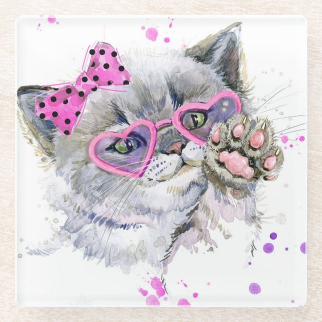 Dessous-de-verre En Verre Chaton mignon d'aquarelle (Devant)