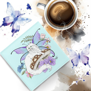 Dessous-de-verre En Verre Chatte Fée Blanche Fantastique Champignon Bleu Cap