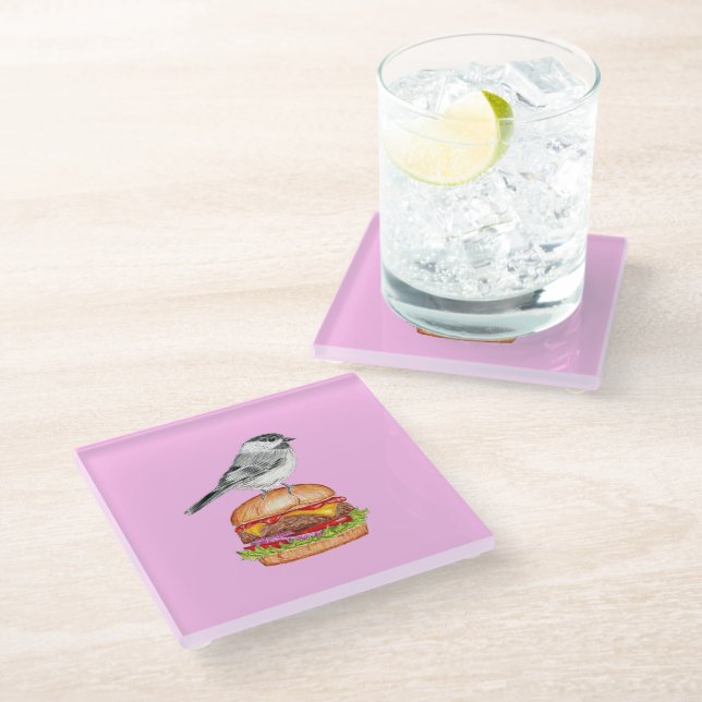 Dessous-de-verre En Verre Cheeseburger Oiseau Noir Capped Chickadee Rose (Incliné)