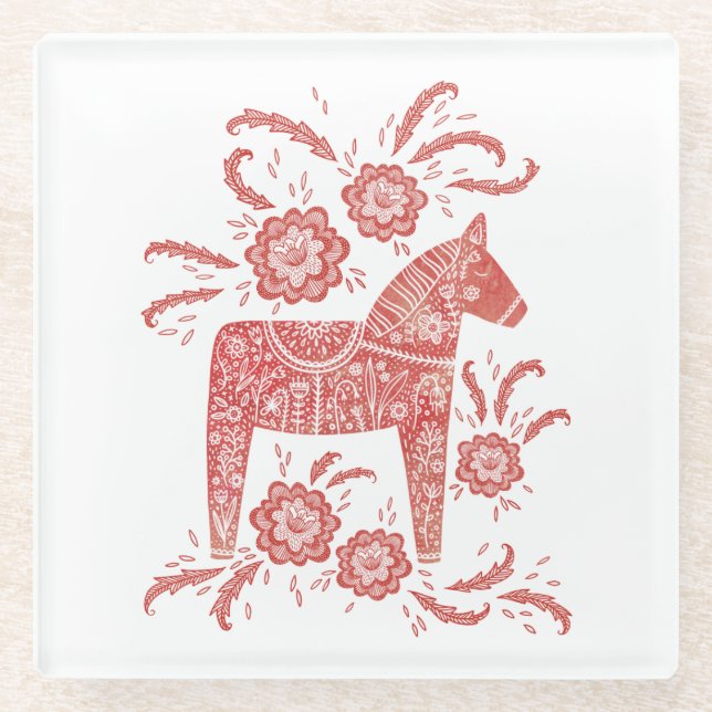 Dessous-de-verre En Verre Cheval de Dala suédois Rouge et blanc (Devant)