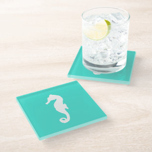 Dessous-de-verre En Verre Cheval De Mer À Décor Côtier Turquoise Et Blanc