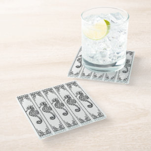 Dessous-de-verre En Verre Cheval de mer noir et blanc - Illustration graphiq