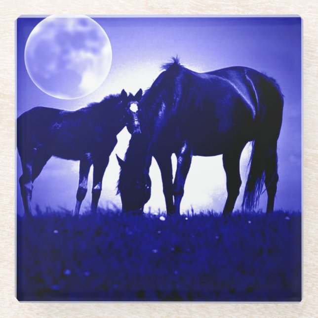 Dessous-de-verre En Verre Chevaux et nuit bleue (Devant)