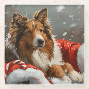 Dessous-de-verre En Verre Chien Colley Rough Noël Fêtard