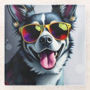 Dessous-de-verre En Verre Chien Coloré avec des Lunettes de Soleil