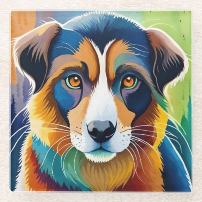 Dessous-de-verre En Verre Chien coloré visage proche (Devant)