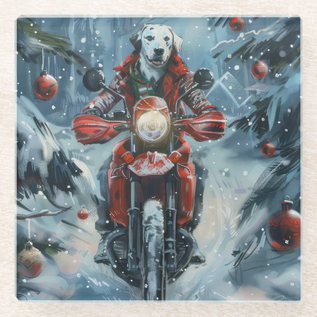 Dessous-de-verre En Verre Chien dalmate équitation moto Noël (Devant)