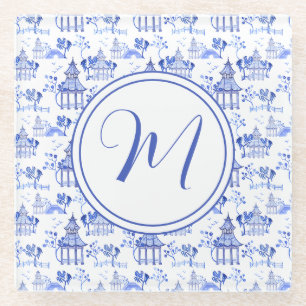 Dessous-de-verre En Verre Chinoiserie Aquarelle Pagode Motif Monogramme