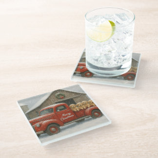 Dessous-de-verre En Verre Chiots Retriever doré de Noël dans un vieux camion