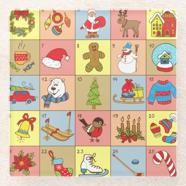 Dessous-de-verre En Verre Christmas Advent : Collection d'éléments Doodle (Devant)