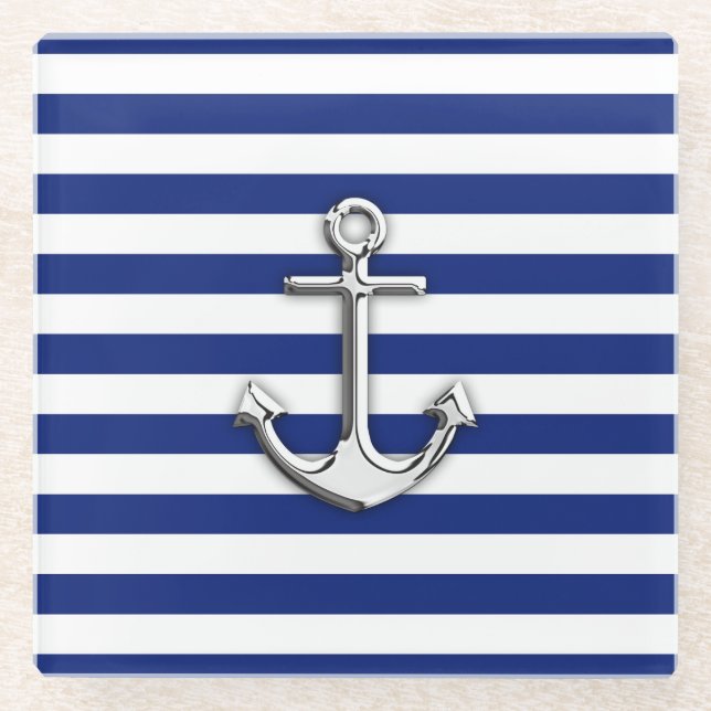 Dessous-de-verre En Verre Chrome comme Ancre Nautique Marine Bleu Stripes (Devant)