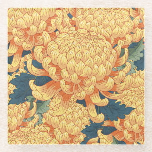 Dessous-de-verre En Verre Chrysanthèmes japonais : motif floral jaune.