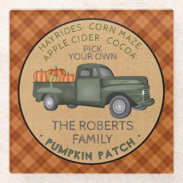 Dessous-de-verre En Verre Citrouille Patch Farm Rustic Automne Plaid Camion  (Devant)