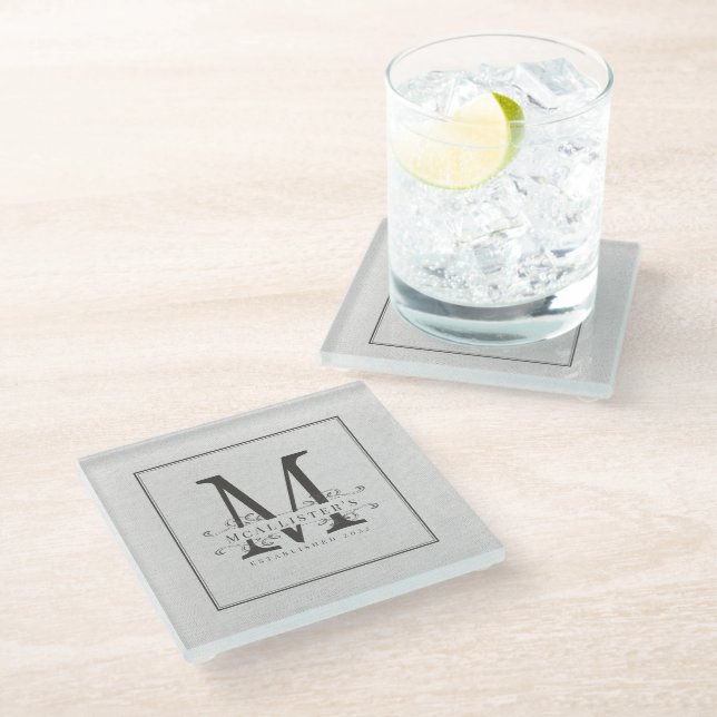 Dessous-de-verre En Verre Classic Family Monogramme Elégant Année  (Incliné)