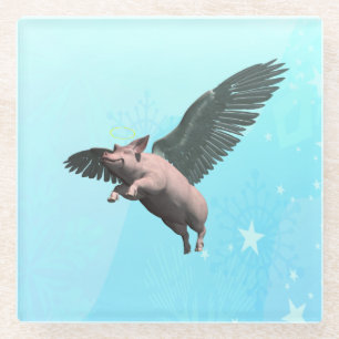 Dessous-de-verre En Verre Cochon mignon volant dans le ciel