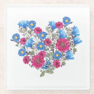 Dessous-de-verre En Verre Cœur floral aquarelle, arrangement de fleurs sauva