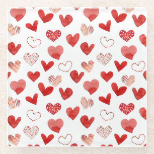 Dessous-de-verre En Verre Cœurs d'amour rouges, motif aquarelle.