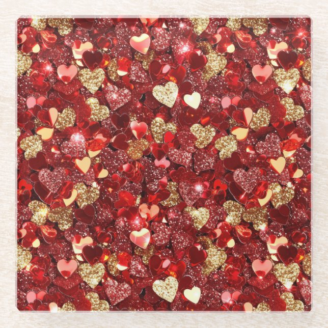 Dessous-de-verre En Verre Coeurs de Parties scintillant Red Gold (Devant)