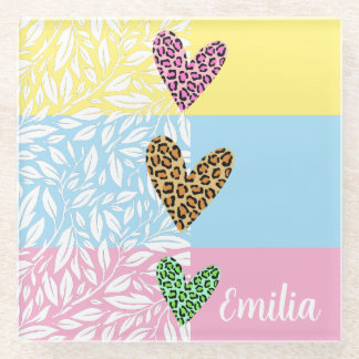 Dessous-de-verre En Verre Coeurs mignons avec motif floral rose jaune